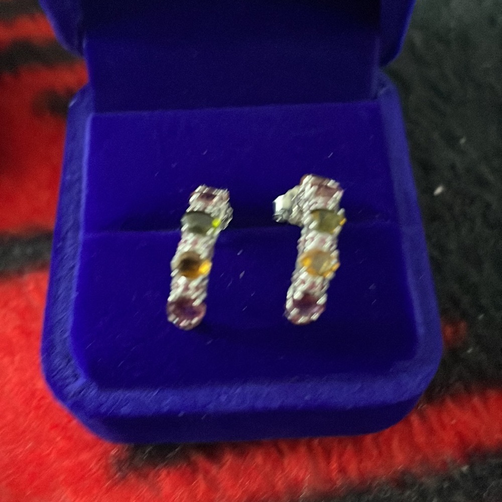 Lovely 925 Silver Earrings With Tourmaline Rhodolite Garnet Stones - Picture 2 of 5